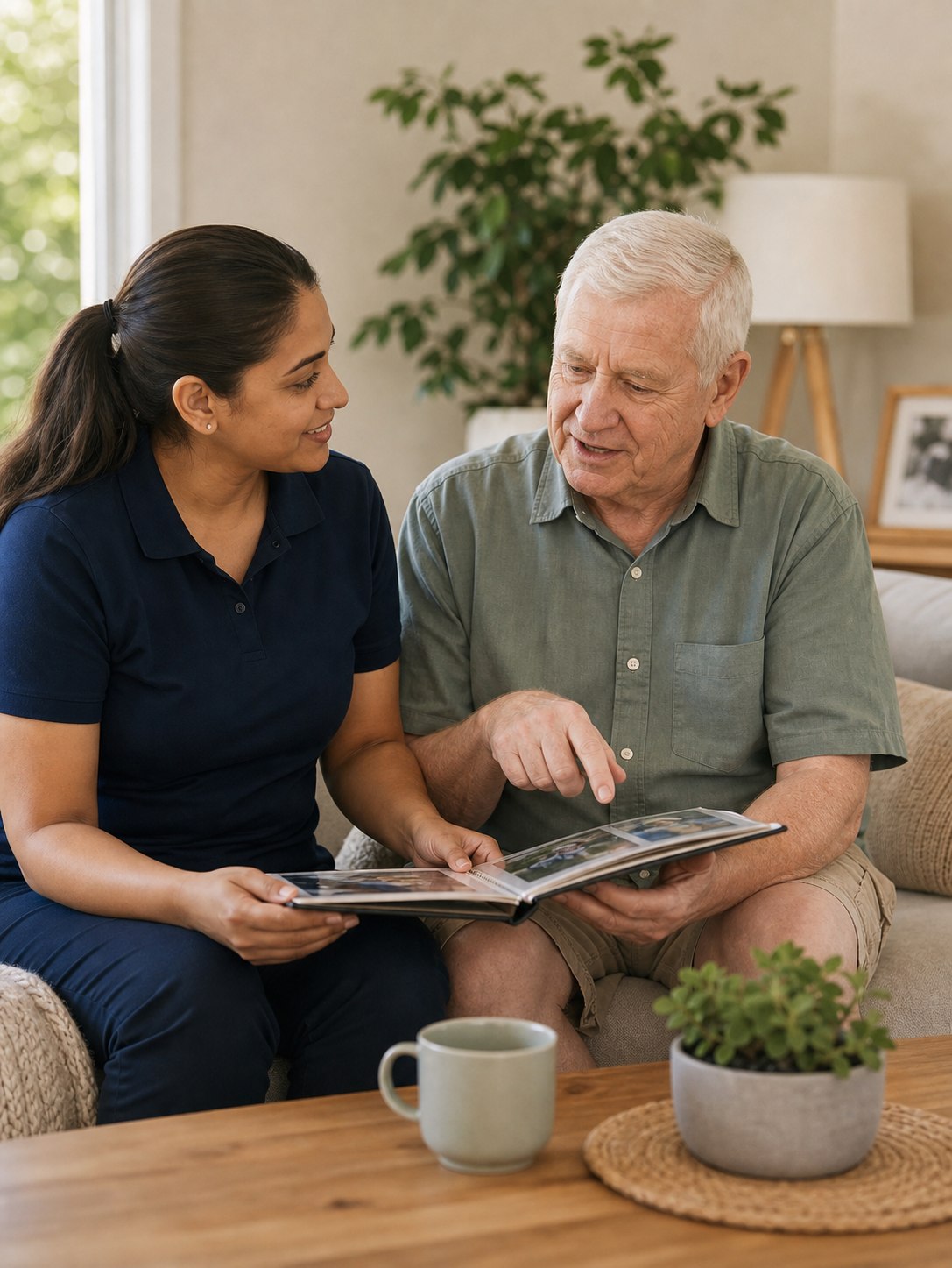 A support worker sitting with a gentleman in a bright home, reviewing an activity plan together.